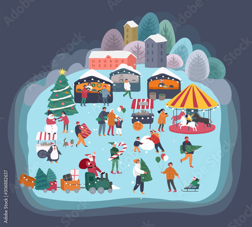Christmas holiday outdoor fair or street market on town square. Merchants and customers cartoon characters people walking between decorated stalls or kiosks. Holiday New year