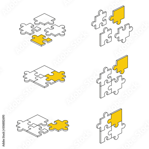 Puzzles set. Vector 3d isometric, color web icon, new flat style. Creative illustration design, idea for infographics.