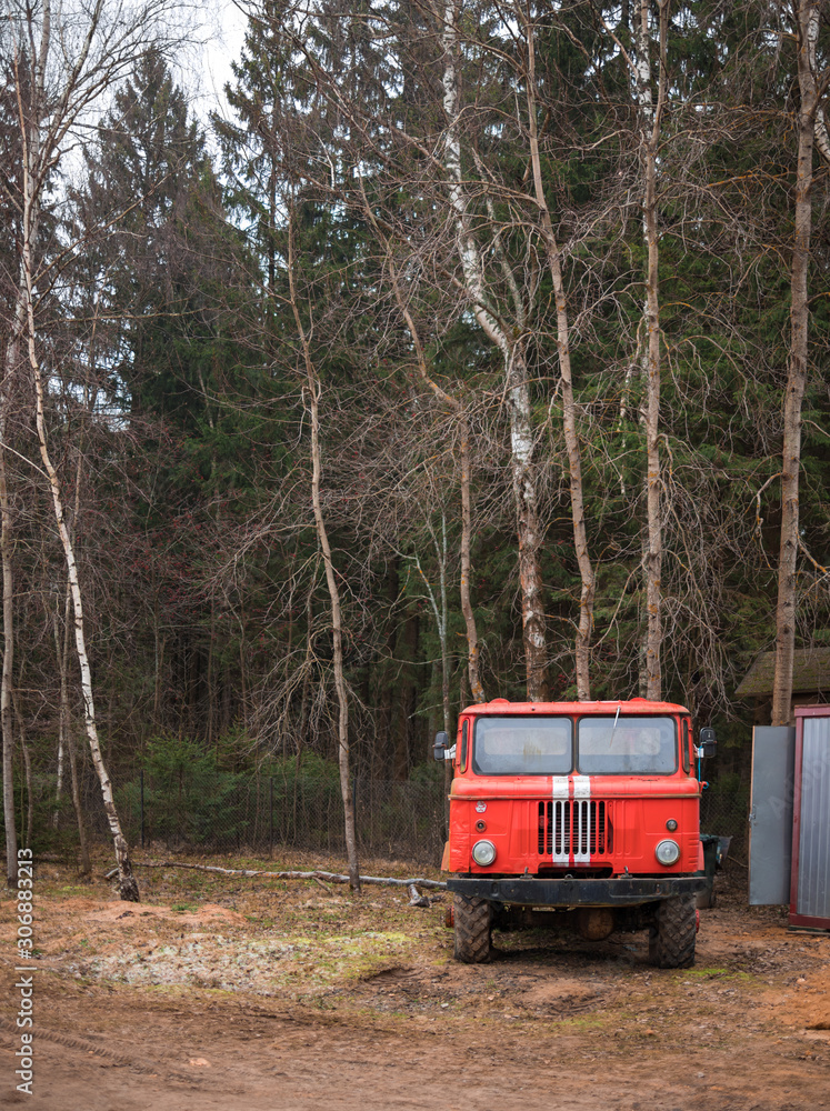 Red fire truck in the forest
