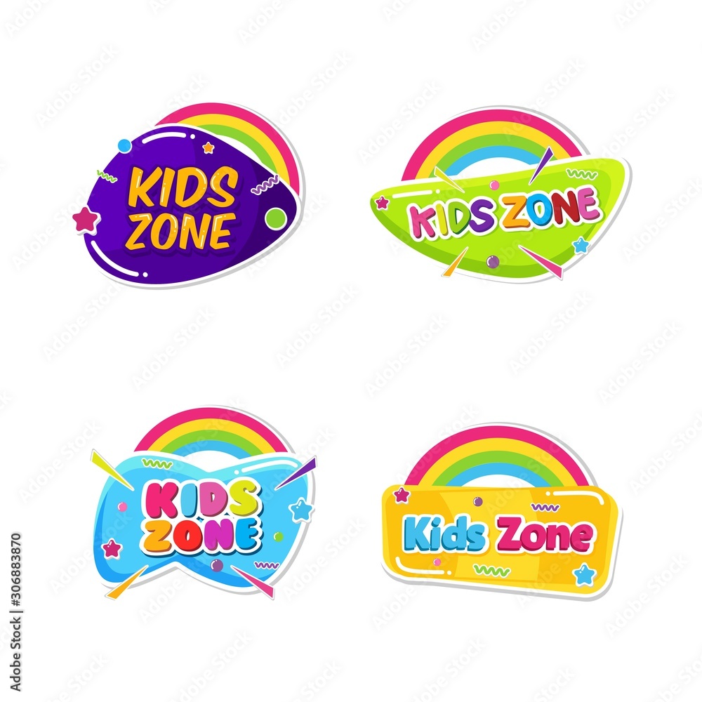 kids zone emblem colorful cartoon illustrations set. children playground area logo badge isolated white background. playing room lettering in bubbles rainbow collection. vivid color childish sticker.