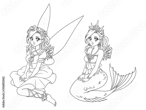 Pretty anime fairy and mermaid with curly hair. Sitting pose. Hand draw vector illustration for coloring book, children game, greeting card, sticker, shirt design.