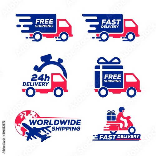 label icon shipping and delivery collection set. van delivery car vector illustration isolated on white background. fast free worldwide shipping concept. delivery with airplane and scooter elements.