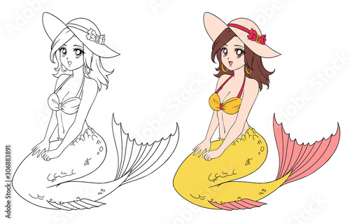 Anime beautiful mermaid wearing bikini and hat. Hand drawn vector illustration. Contour and colored version. Isolated on white. Can be used for coloring book, games, sticker, tattoo, shirt design.