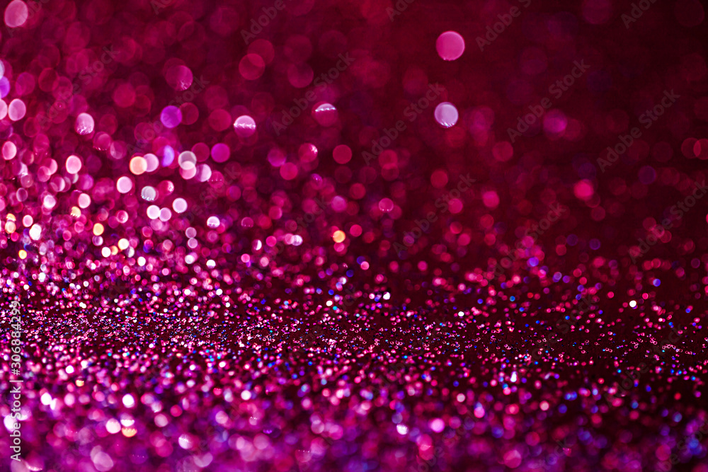 Pink glitter raster festive background. Abstract violet blurred circles. Bokeh lights with bright shiny effect illustration. Overlapping glowing and twinkling spots decorative backdrop design.