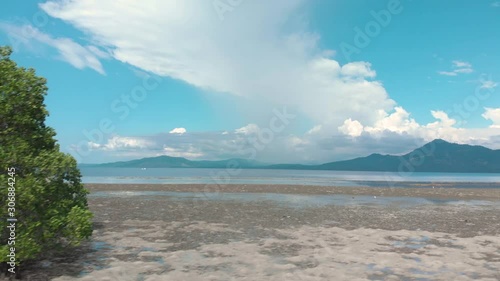 Coastline of the mainland viewed from mangrove island by drone photo