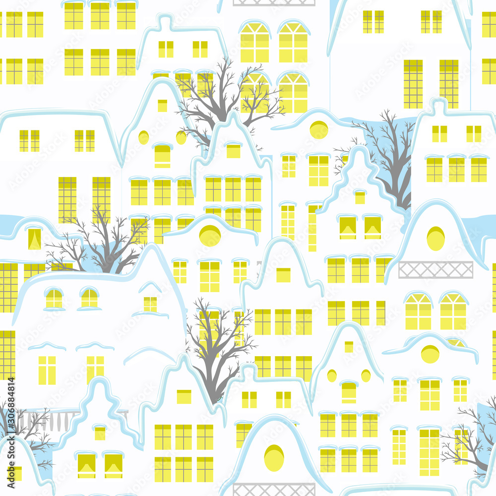 Seamless pattern with decorative houses in winter time. Christmas and New Year holidays. Creative vector background for fabric, textile, nursery wallpaper.