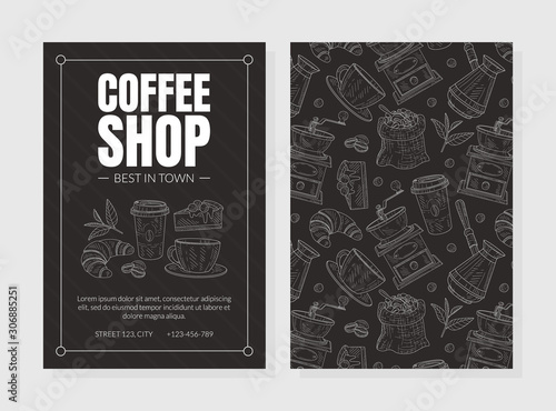 Coffee Shop Advertising Two-sided Leaflet with Hand Drawn Food Items Vector Design