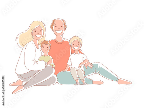 Parents and children are sitting on the floor. A happy family. Hand drawn style vector design illustrations.