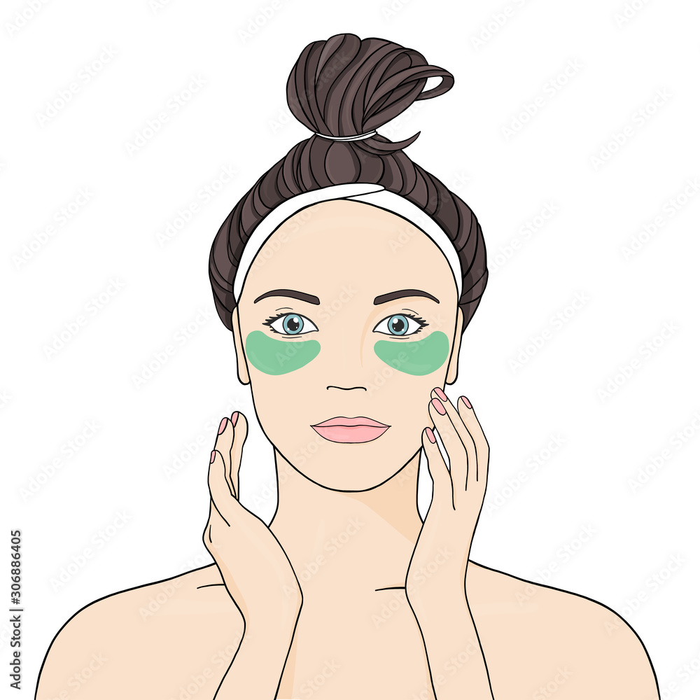 Girl with patches under her eyes. Beauty treatments for skin beauty and health. Girl with patches under her eyes. Beauty treatments for skin beauty and health.