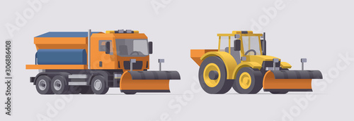 Snow plowing truck. Snow removal. Salt spreader. Vector illustration