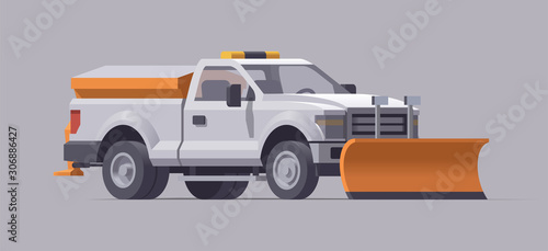 Snow plowing truck. Snow removal. Salt spreader. Vector illustration