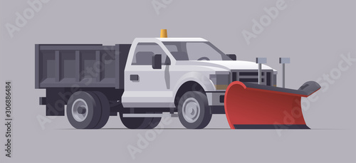 Snow plowing truck. Snow removal. Salt spreader. Vector illustration
