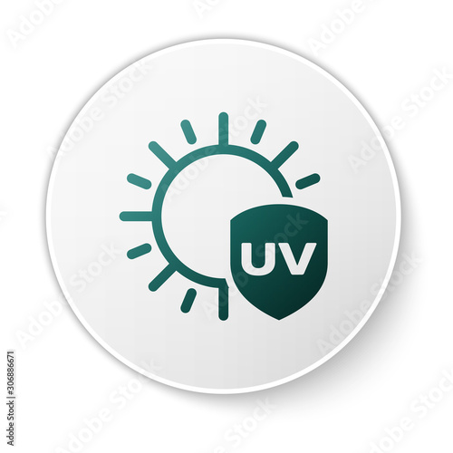 Green UV protection icon isolated on white background. Sun and shield. Ultra violet rays radiation. SPF sun sign. White circle button. Vector Illustration