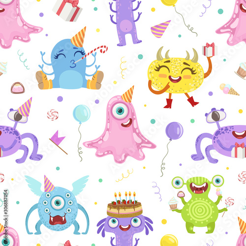 Seamless pattern with cute monsters. Vector illustration.