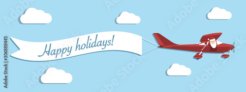 Plane with Santa Claus and banner  "Happy holidays!". Vector illustration