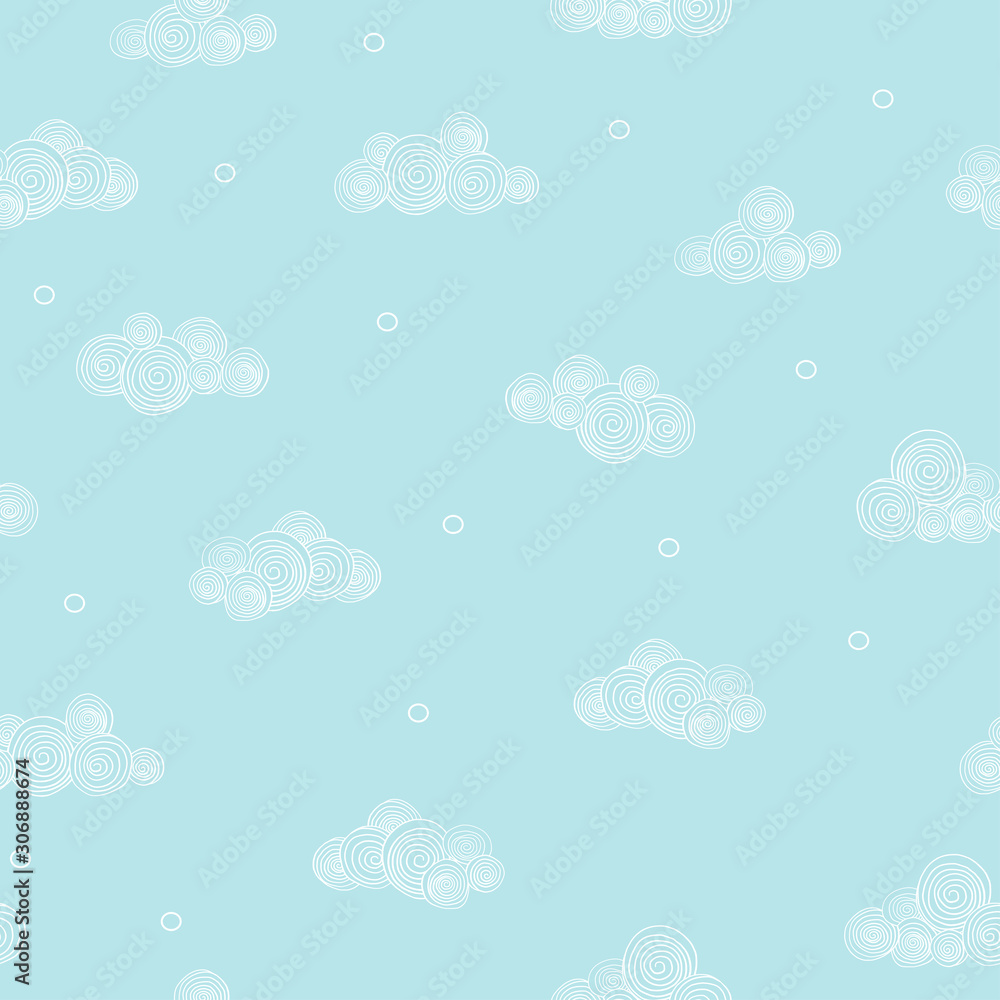 Seamless pattern with clouds on blue sky background. White outline on on blue background.