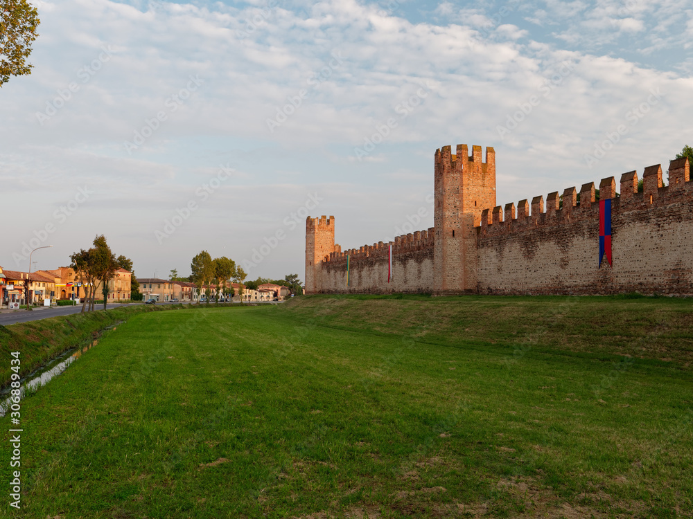 Montagnana, ITALY - August 26, 2019: Red brick fortress wall of the old city