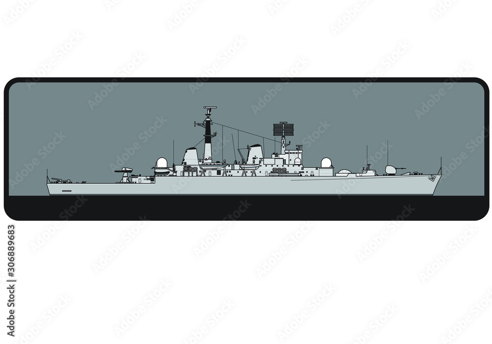 Royal Navy. Type 82 Bristol-class guided missile destroyer. Side view. Vector template for illustration.