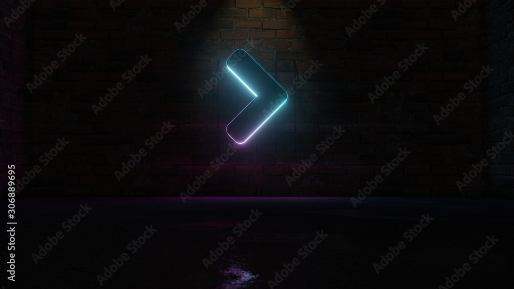 3D rendering of blue violet neon symbol of angle right icon on brick wall 3D rendering of blue violet neon symbol of angle right icon on brick wall