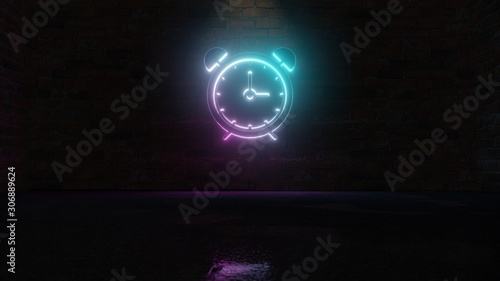 3D rendering of blue violet neon symbol of alarm clock icon on brick wall
