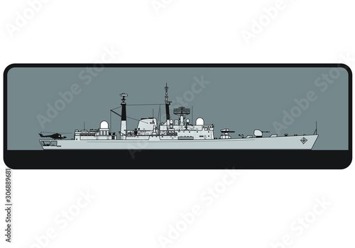 Royal Navy. Type 42 Batch III guided missile destroyer. Side view. Vector template for illustration.