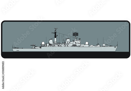 Royal Navy. Type 82 Bristol-class guided missile destroyer. Side view. Vector template for illustration.
