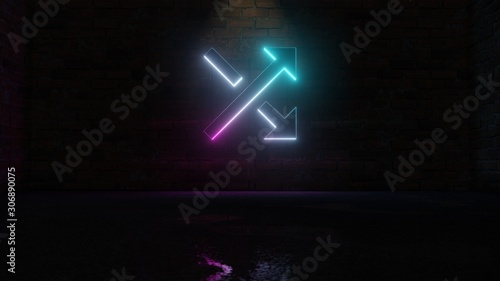 Fototapeta Naklejka Na Ścianę i Meble -  3D rendering of blue violet neon symbol of diagonal arrows  icon on brick wall