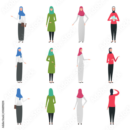 Cartoon arab muslim woman in traditional clothes isolated on white background. Colorful character in different position. Flat design style. Front, rear, side view. Vector illustration.