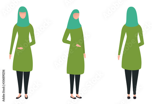 Cartoon arab muslim woman in traditional clothes isolated on white background. Colorful character in different position. Flat design style. Front, rear, side view. Vector illustration.