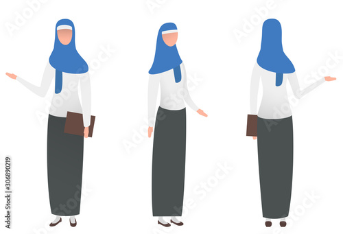 Cartoon arab muslim woman in traditional clothes isolated on white background. Colorful character in different position. Flat design style. Front, rear, side view. Vector illustration.