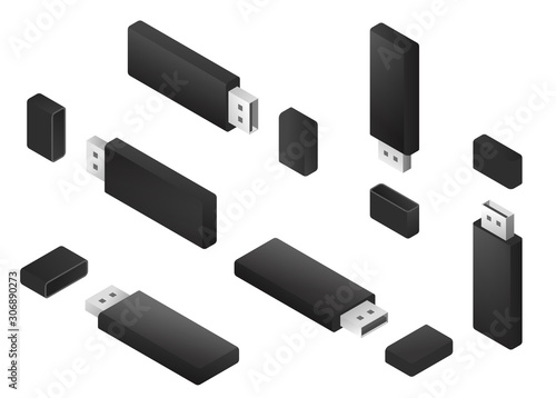 Set of cartoon 3d usb flash drive in different isometric view. Concept technology hardware device isolated on white background. Vector illustration.