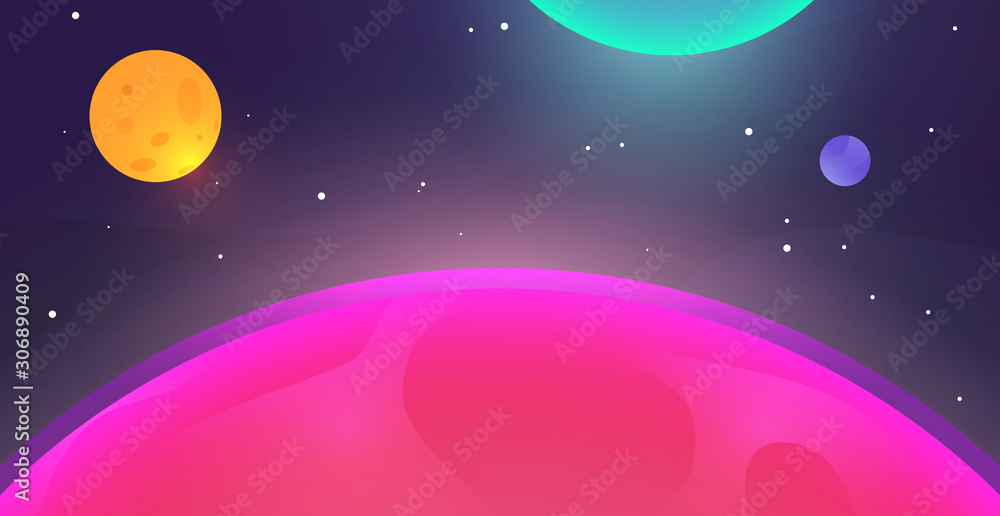 Fototapeta premium Colorful cartoon planets and deep space in flat style. Bright cute science astronomical composition. Fantasy sci-fi template for games or branding design. Vector illustration.