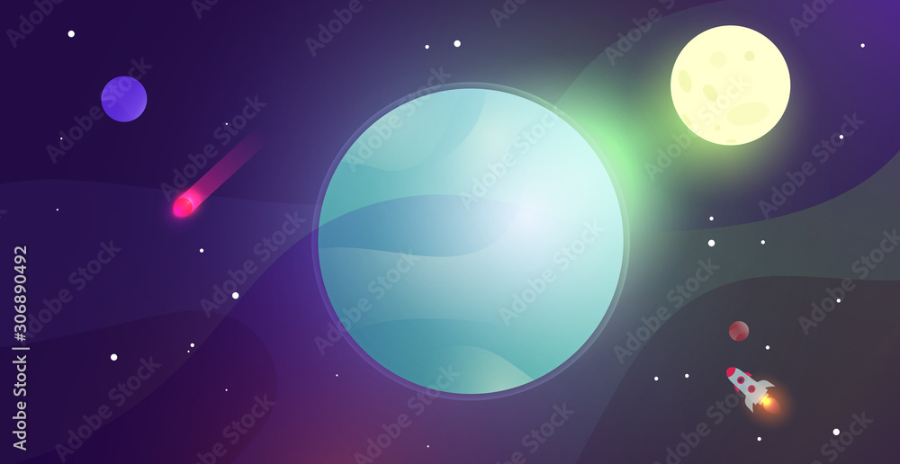 Fototapeta Colorful cartoon planets and deep space in flat style. Bright cute science astronomical composition. Fantasy sci-fi template for games or branding design. Vector illustration.
