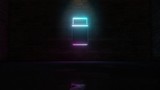3D rendering of blue violet neon vertical symbol of two third charged battery  icon on brick wall