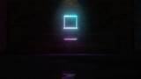 3D rendering of blue violet neon vertical symbol of half charged battery  icon on brick wall