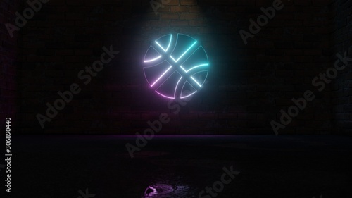 3D rendering of blue violet neon symbol of basketball ball icon on brick wall