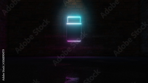 3D rendering of blue violet neon vertical symbol of two third charged battery icon on brick wall
