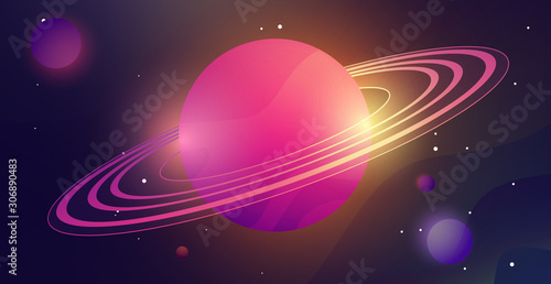 Colorful cartoon planets and deep space in flat style. Bright cute science astronomical composition. Fantasy sci-fi template for games or branding design. Vector illustration.