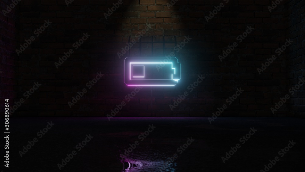 3D rendering of blue violet neon horizontal symbol of battery quarter icon on brick wall