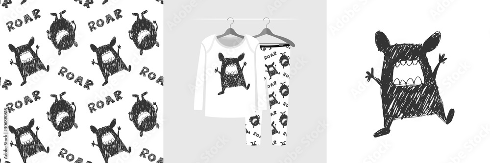 Φωτογραφία Seamless pattern and illustration for kid with funny toothy monster