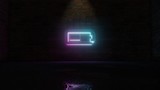 3D rendering of blue violet neon horizontal symbol of battery half icon on brick wall