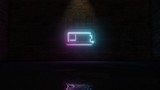 3D rendering of blue violet neon horizontal symbol of battery quarter icon on brick wall