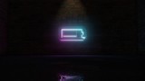 3D rendering of blue violet neon horizontal symbol of battery three quarters icon on brick wall