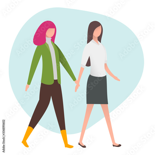 Two woman hold hands and walking. Lesbian couple isolated on white background. Nontraditional relationships between people. Lgbt concept vector illustration in cartoon flat style.