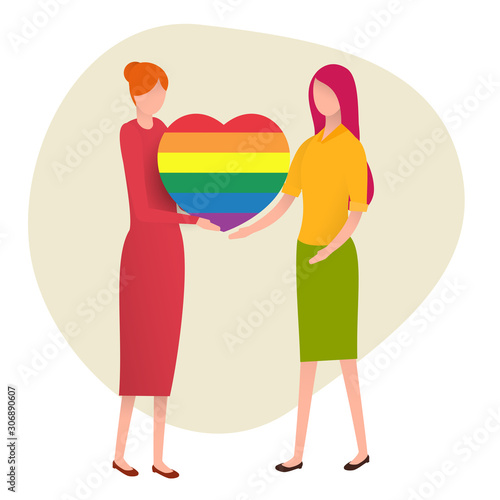 Two woman hold hands with rainbow heart. Lesbian couple isolated on white background. Nontraditional relationships between people. Lgbt concept vector illustration in cartoon flat style.