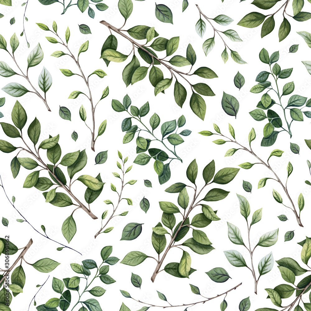 Seamless Pattern of Watercolor Twigs and Leaves