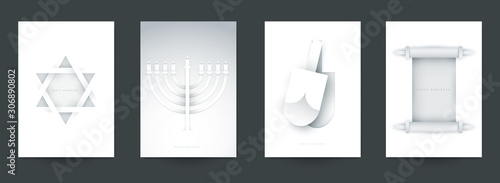 Set of religious background for covers, invitations, posters, banners, flyers, placards. Minimal template design for branding, advertising hanukkah holiday in paper cut style. Vector illustration.