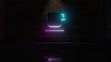 3D rendering of blue violet neon symbol of coffee mug icon on brick wall