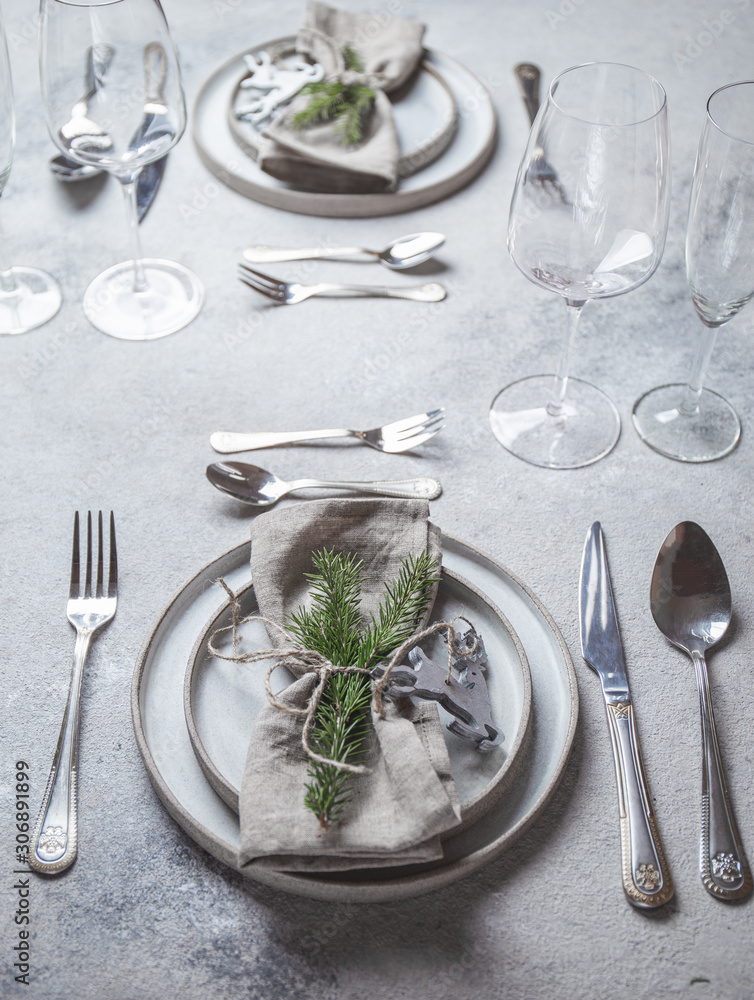 Cristmas table cutlery set with holiday decoration. Top view, copy space Cristmas table cutlery set with holiday decoration. Top view, copy space