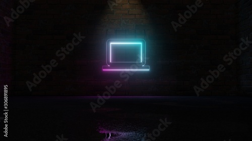 3D rendering of blue violet neon symbol of computer icon on brick wall